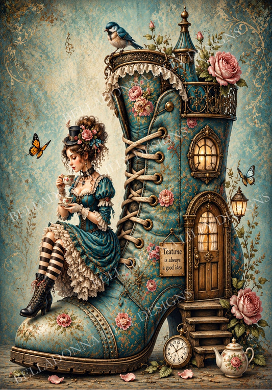 The Teatime Cottage — teal, pink rose and antique gold whimsical artwork by Belladonna Lilly Designs