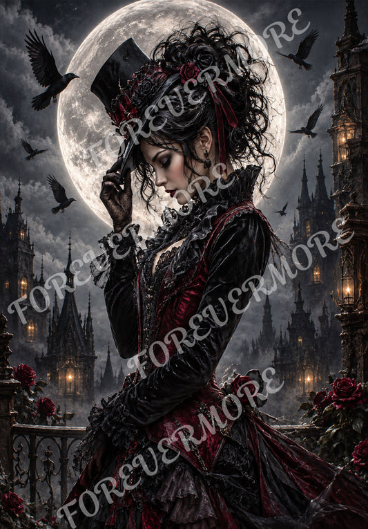 Victorian Gothic Lady decoupage rice paper featuring an elegant woman in a black and burgundy Victorian gown beneath a full moon with ravens, roses and Gothic architecture.