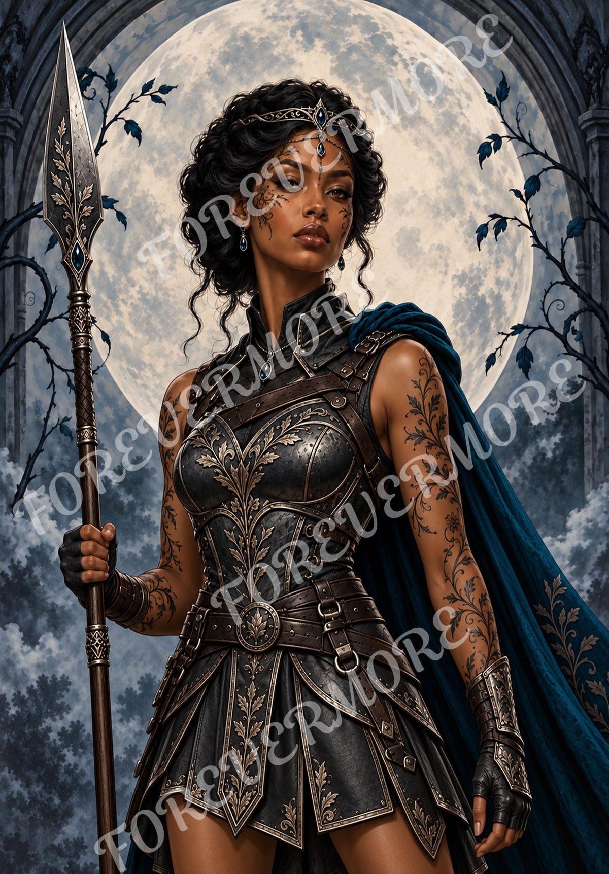 Warrior Queen in ornate black armor holding a spear beneath a full moon – Forevermore decoupage rice paper by VFlex