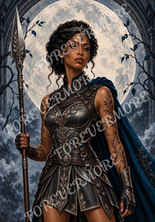 Warrior Queen in ornate black armor holding a spear beneath a full moon – Forevermore decoupage rice paper by VFlex