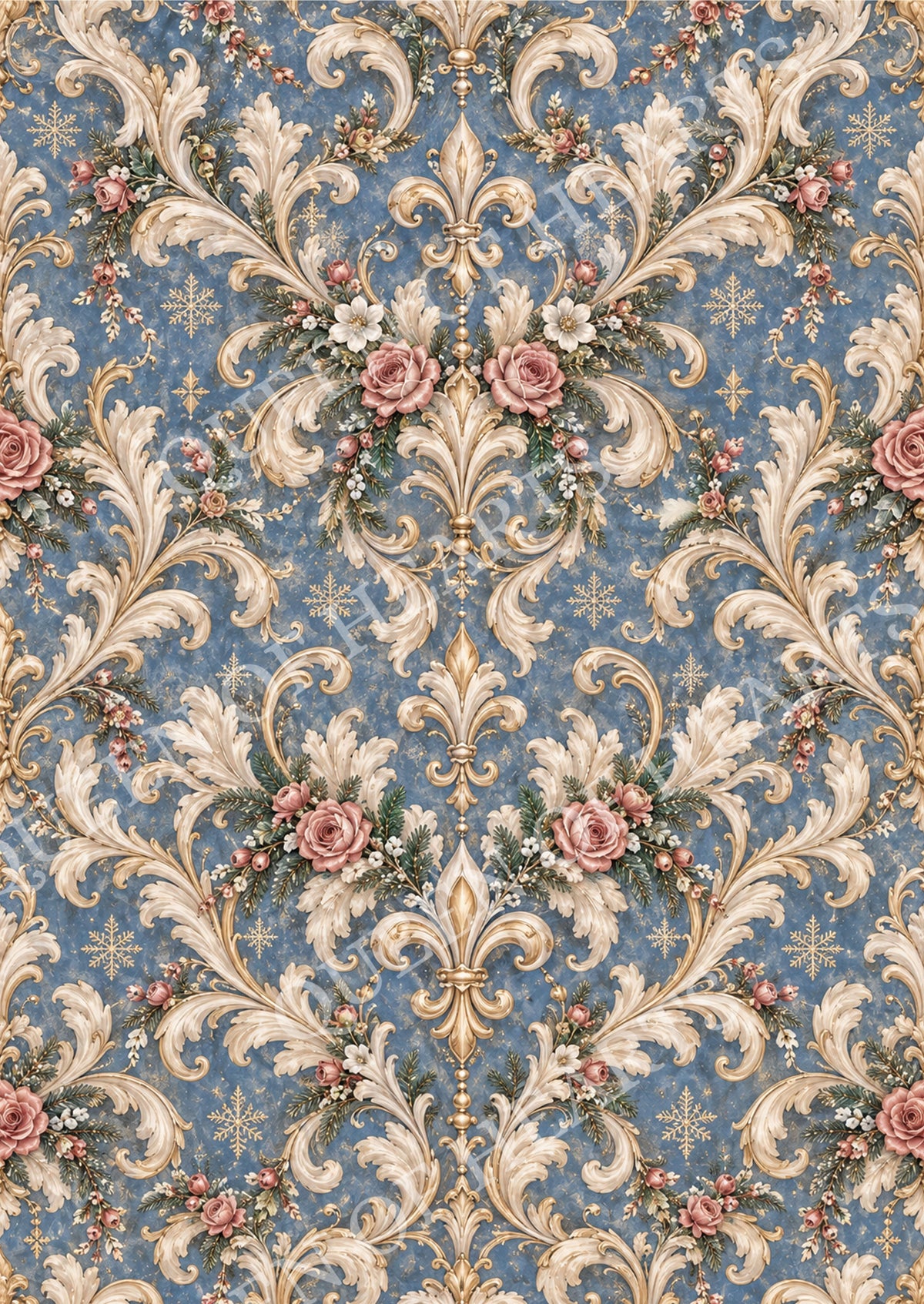 French blue Christmas damask pattern with ivory gold scrollwork dusty rose flowers fleur-de-lis and snowflakes.