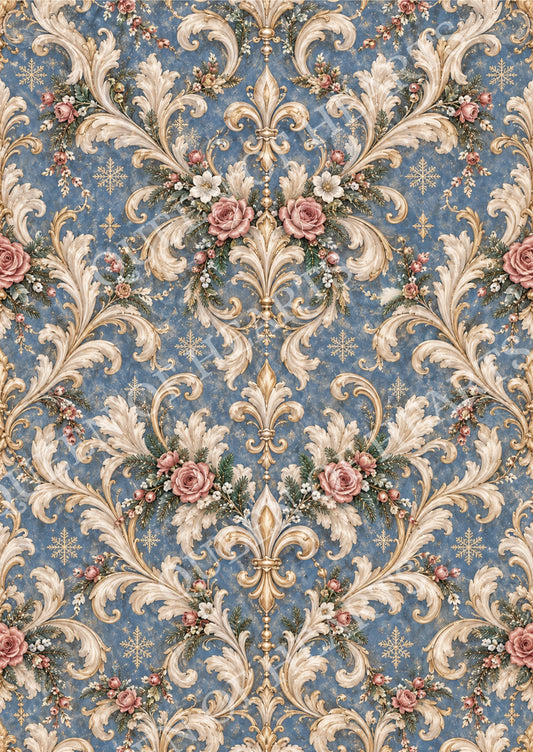French blue Christmas damask pattern with ivory gold scrollwork dusty rose flowers fleur-de-lis and snowflakes.