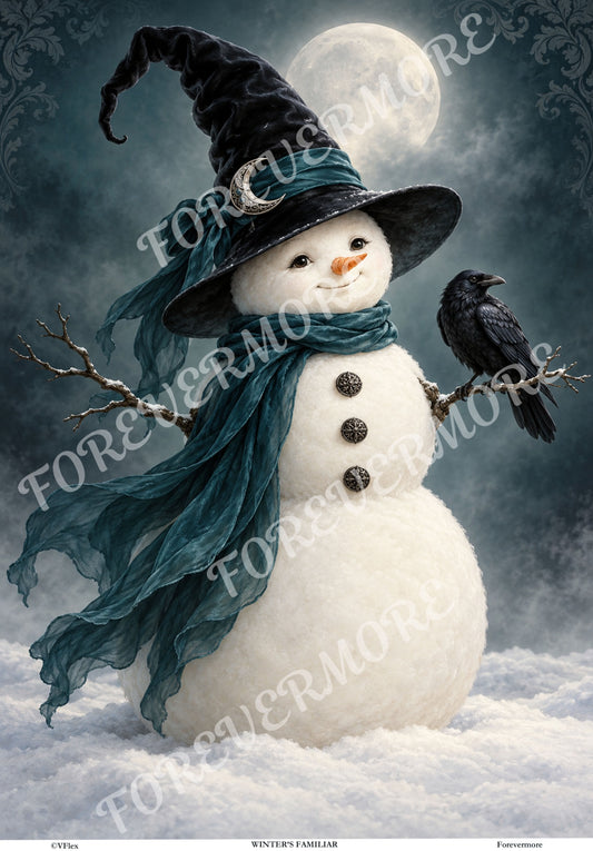 Winter’s Familiar Gothic snowman decoupage rice paper by VFlex, featuring a black witch hat, flowing teal scarf, raven and full moon