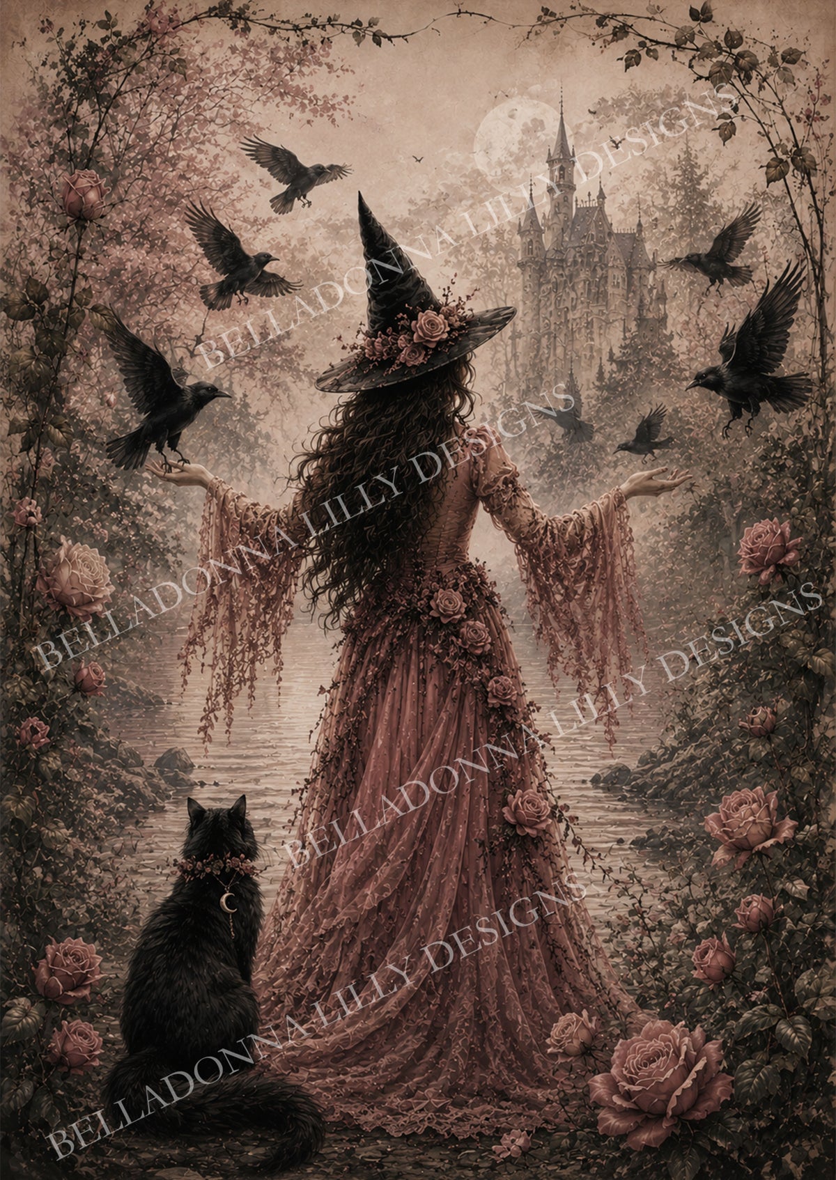 Witch’s Gathering pink moon witch with ravens and black cat decoupage rice paper by Belladonna Lilly Designs