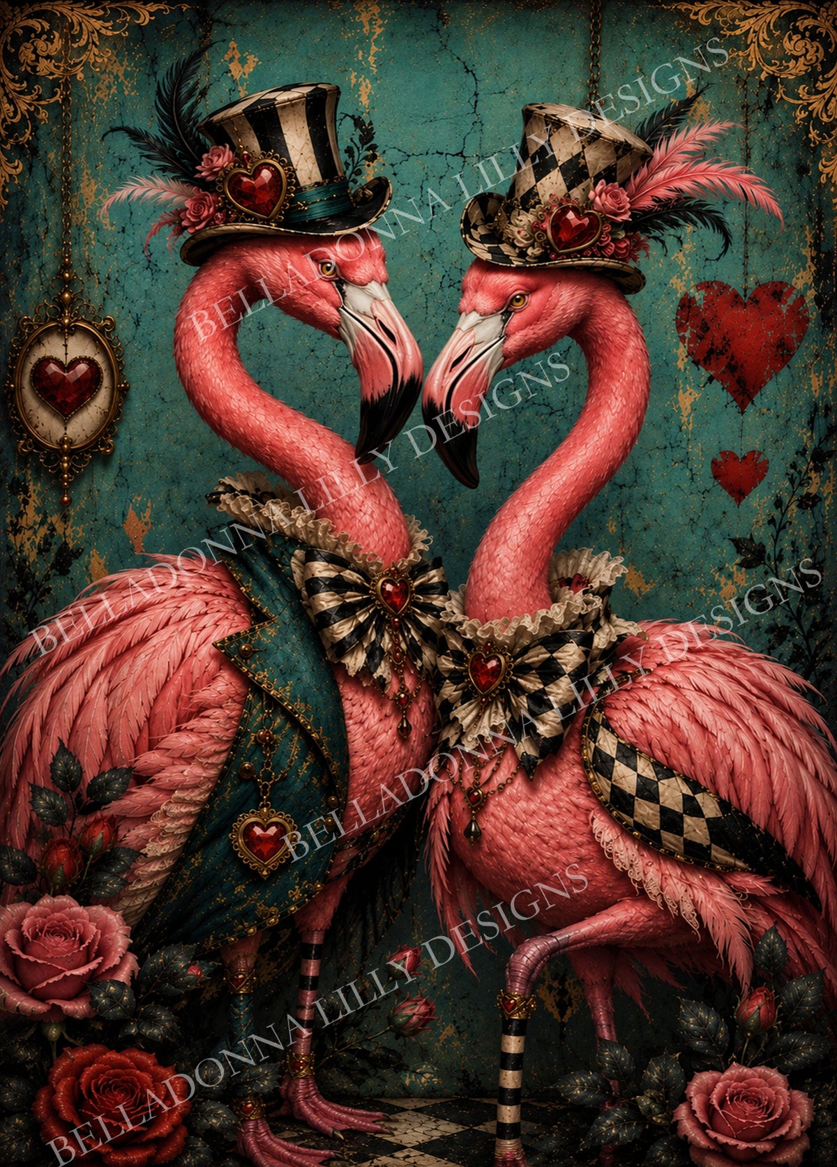 Two whimsical pink flamingos wearing elaborate top hats and harlequin clothing, surrounded by roses, jeweled hearts and a distressed teal Wonderland background.