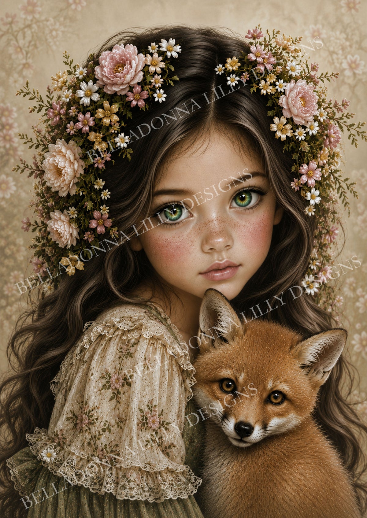 Woodland Friends I decoupage rice paper featuring a flower-crowned girl holding a fox among soft pink and cream flowers.