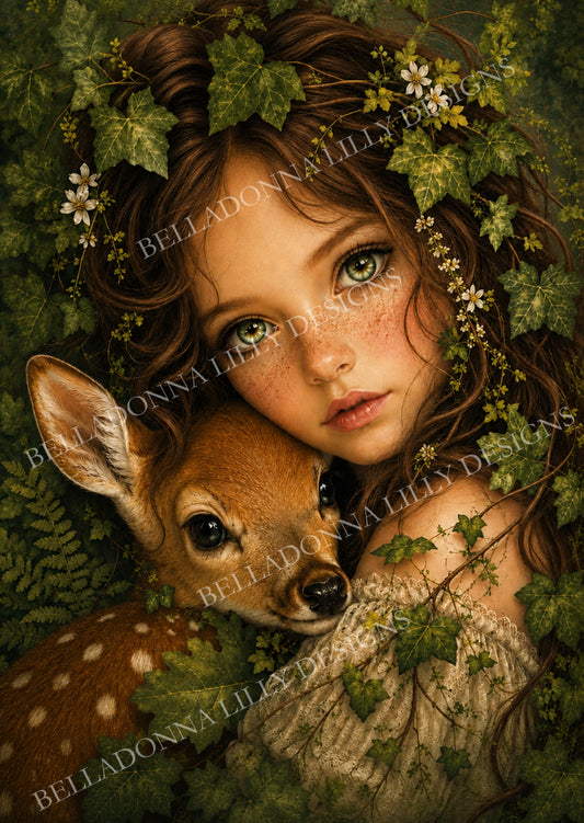 Woodland Friends II decoupage rice paper featuring a freckled woodland girl cuddling a fawn among deep green ivy and tiny white flowers.