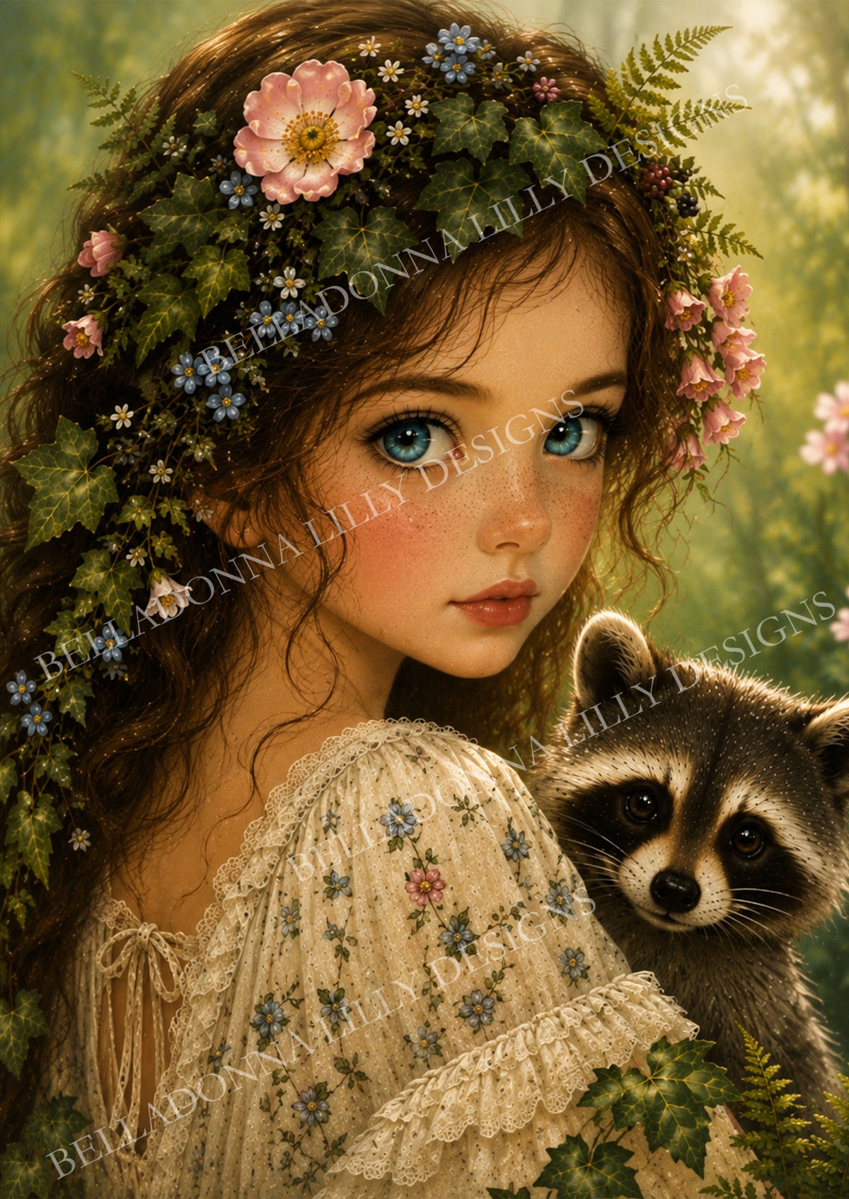 Woodland Friends III decoupage rice paper featuring a blue-eyed woodland girl with a raccoon among ivy, ferns, and pink and blue flowers.