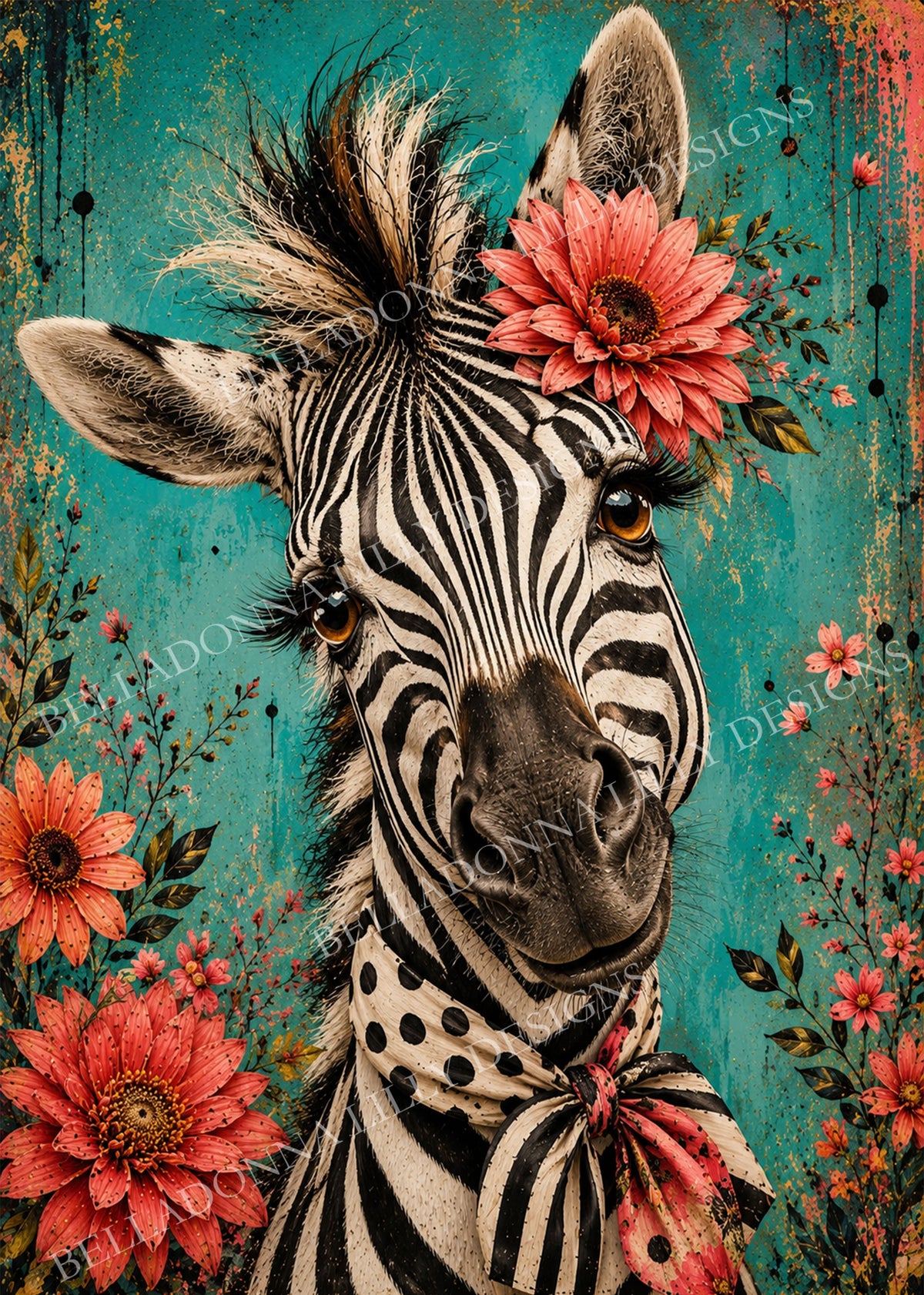 Zelda Zebra wearing a coral flower and patterned scarf against a distressed turquoise background surrounded by coral blossoms.